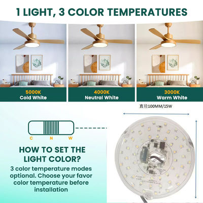 15W 100MM एलईडी लाइट इंजन भोजन कक्ष के लिए 120V छत प्रशंसक पैनल डीओबी मॉड्यूल के साथ एलईडी छत प्रशंसक प्रकाश प्रतिस्थापन